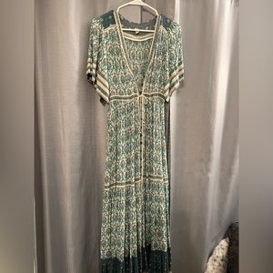 Bohemian Teal Patterned Maxi Dress with Tie Waist